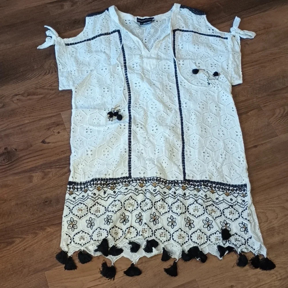 Hemant & Nandita White Cotton Eyelet Tassel Dress PP
